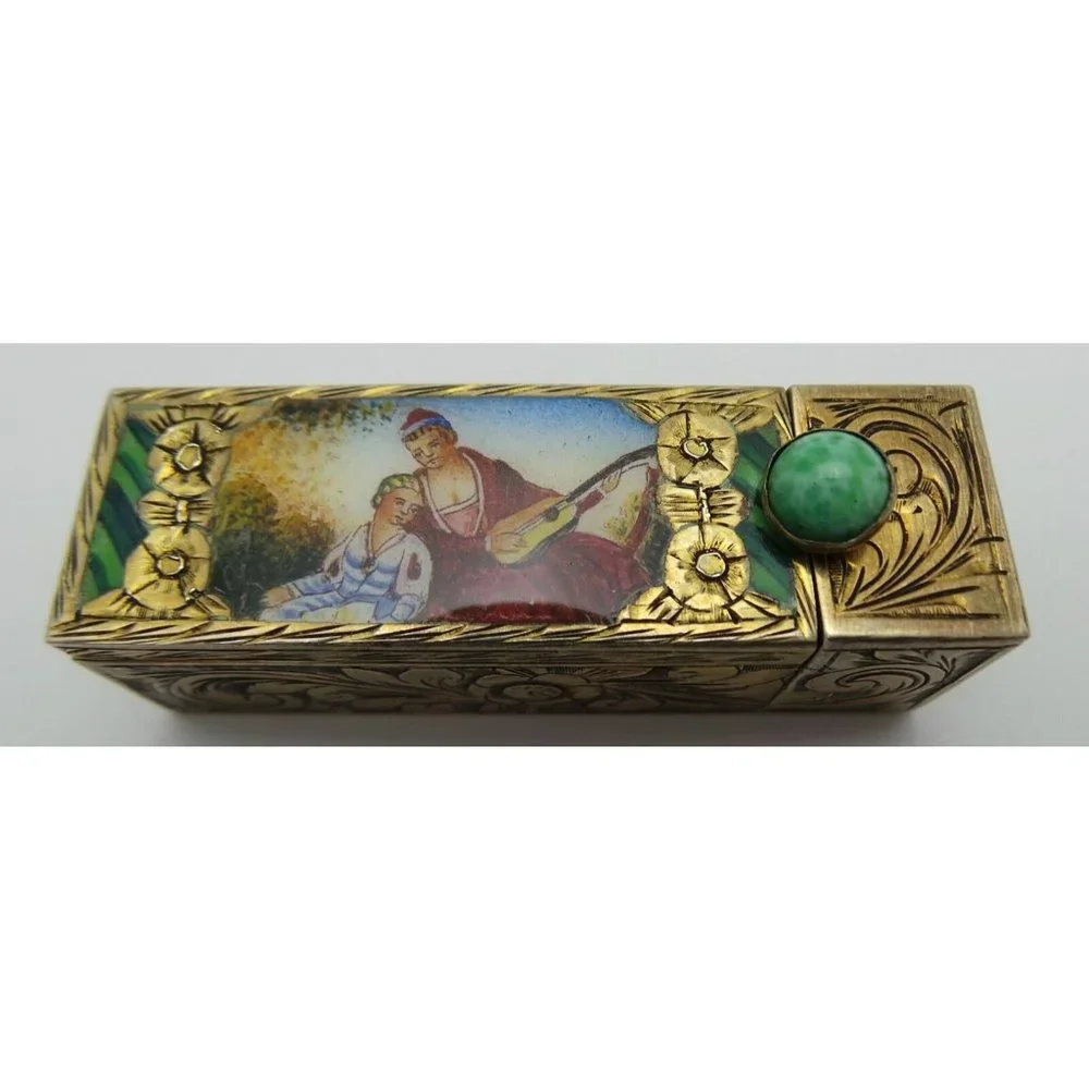 Vintage Antique 800 Sterling Silver Italian Musical Scene Enamel Mirror Lipstick